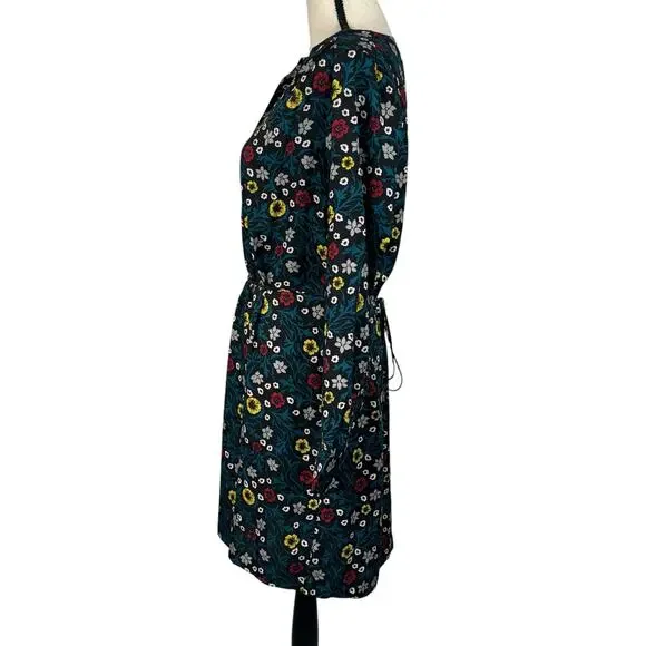 Ann Taylor LOFT Medium Dress Floral Long Sleeve Partial Button Thin Belt Black - Picture 6 of 8